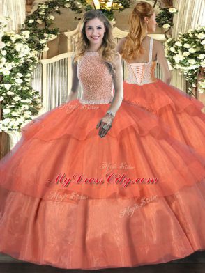 Gorgeous Ball Gowns Quinceanera Dress Orange Red High-neck Tulle Sleeveless Floor Length Lace Up