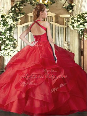 High Quality Hot Pink Sleeveless Tulle Lace Up Quinceanera Gown for Military Ball and Sweet 16 and Quinceanera