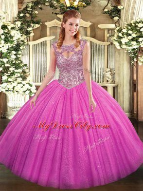 Fuchsia Scoop Neckline Beading Quinceanera Gowns Sleeveless Lace Up