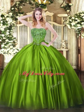 Sleeveless Floor Length Beading Lace Up Quinceanera Dress with Olive Green