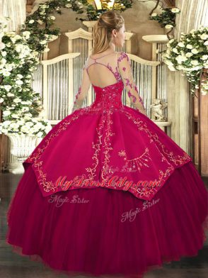 Beautiful Fuchsia Lace Up Scoop Lace and Embroidery Quince Ball Gowns Organza and Taffeta Long Sleeves