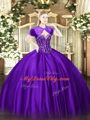 Designer Purple Satin Lace Up Sweetheart Sleeveless Floor Length Ball Gown Prom Dress Beading