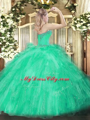 Best Selling Sleeveless Tulle Floor Length Lace Up 15 Quinceanera Dress in with Beading and Ruffles