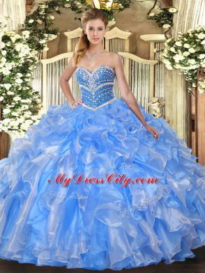 Sleeveless Organza Floor Length Lace Up Sweet 16 Dresses in Baby Blue with Beading and Ruffles