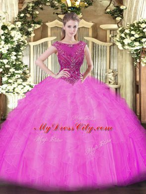 Glittering Lilac Sleeveless Beading and Ruffles Zipper Ball Gown Prom Dress
