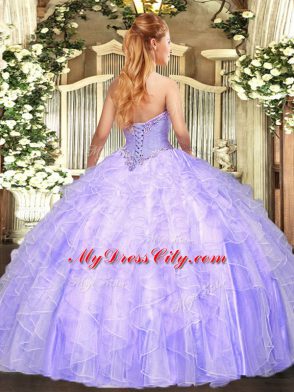 Modest Lilac Tulle Lace Up Quinceanera Gowns Sleeveless Floor Length Appliques and Ruffles
