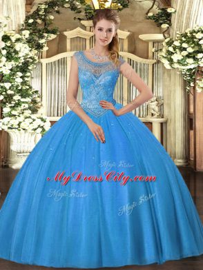 Graceful Baby Blue Scoop Neckline Beading Quinceanera Dress Sleeveless Lace Up