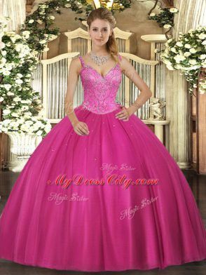 Glorious V-neck Sleeveless Quinceanera Dresses Floor Length Beading Fuchsia Tulle