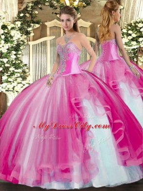 Glorious Fuchsia Tulle Lace Up Quince Ball Gowns Sleeveless Floor Length Beading and Ruffles