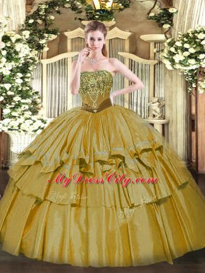 Brown Organza and Taffeta Lace Up Ball Gown Prom Dress Sleeveless Floor Length Beading and Ruffled Layers