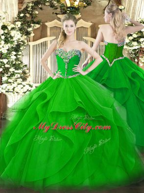 Delicate Green Sweetheart Neckline Beading and Ruffles Vestidos de Quinceanera Sleeveless Lace Up
