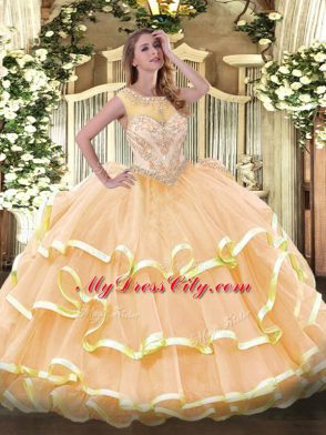 Beading and Ruffled Layers Quince Ball Gowns Peach Zipper Sleeveless Floor Length