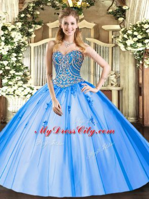 Floor Length Blue Quince Ball Gowns Tulle Sleeveless Beading and Appliques