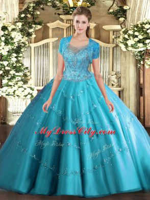 Ball Gowns 15 Quinceanera Dress Aqua Blue Scoop Tulle Sleeveless Floor Length Clasp Handle