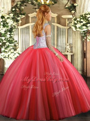 Beading Sweet 16 Dresses Coral Red Lace Up Sleeveless Floor Length