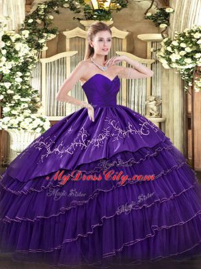 Superior Floor Length Zipper Vestidos de Quinceanera Purple for Military Ball and Sweet 16 and Quinceanera with Embroidery and Ruffled Layers