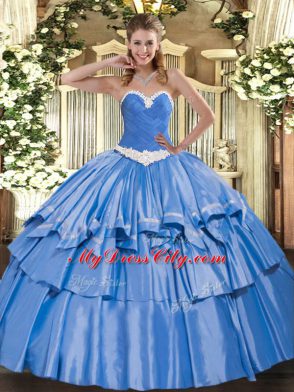 Stylish Sweetheart Sleeveless 15 Quinceanera Dress Floor Length Appliques and Ruffled Layers Blue Organza and Taffeta