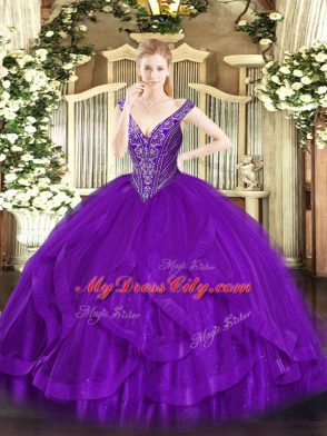 Pretty Purple Tulle Lace Up Vestidos de Quinceanera Sleeveless Floor Length Beading and Ruffles