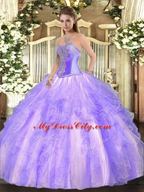 Tulle Sweetheart Sleeveless Lace Up Beading and Ruffles Quinceanera Gown in Lavender