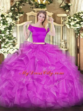 Floor Length Fuchsia Quinceanera Dress Organza Short Sleeves Appliques and Ruffles