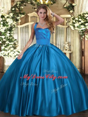 Fashion Floor Length Lace Up Ball Gown Prom Dress Blue for Military Ball and Sweet 16 and Quinceanera with Ruching