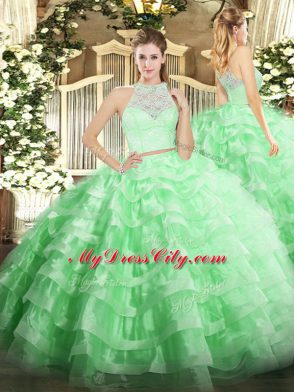 Traditional Apple Green Scoop Neckline Lace and Ruffled Layers Quinceanera Dresses Sleeveless Zipper