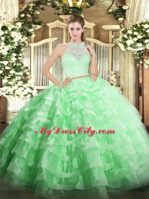 Traditional Apple Green Scoop Neckline Lace and Ruffled Layers Quinceanera Dresses Sleeveless Zipper