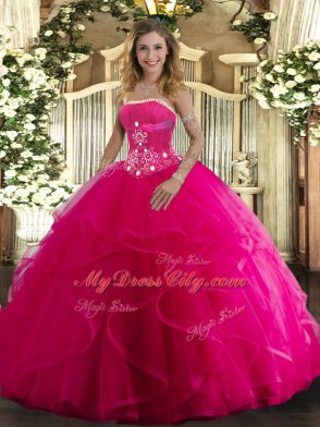 Hot Pink Tulle Lace Up Quince Ball Gowns Sleeveless Floor Length Beading and Ruffles