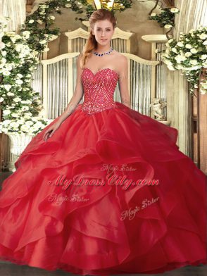 Sweet Sleeveless Beading and Ruffles Lace Up Ball Gown Prom Dress