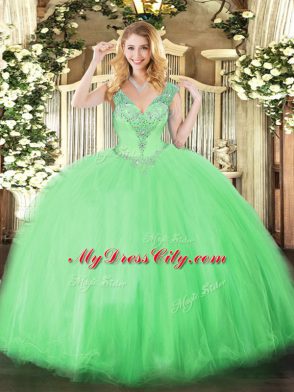 Dynamic V-neck Sleeveless Lace Up Sweet 16 Dress Apple Green Tulle