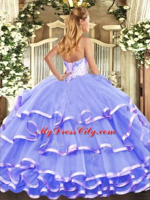 Lilac Ball Gowns Sweetheart Sleeveless Organza Floor Length Lace Up Beading and Ruffled Layers 15th Birthday Dress