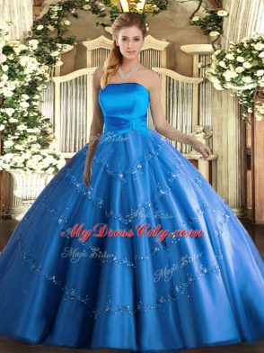 Blue 15 Quinceanera Dress Military Ball and Sweet 16 and Quinceanera with Appliques Strapless Sleeveless Lace Up