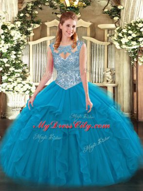 Blue Ball Gowns Scoop Sleeveless Tulle Floor Length Lace Up Beading and Ruffles Sweet 16 Dresses