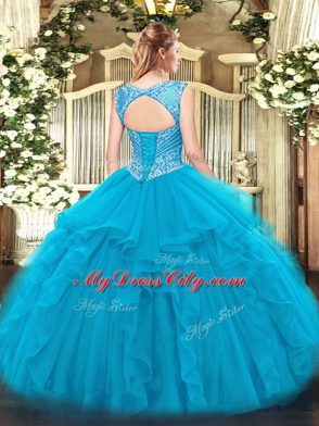 Blue Ball Gowns Scoop Sleeveless Tulle Floor Length Lace Up Beading and Ruffles Sweet 16 Dresses