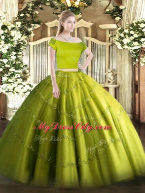Olive Green Two Pieces Tulle Off The Shoulder Short Sleeves Appliques Floor Length Zipper Quince Ball Gowns