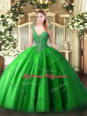 V-neck Sleeveless Lace Up Sweet 16 Dress Green Tulle