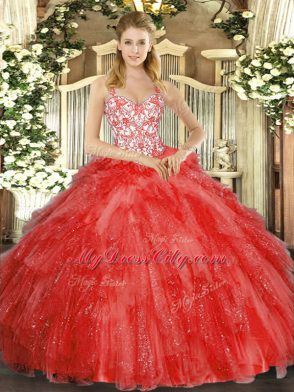 Flare Coral Red Lace Up Straps Beading and Ruffles Sweet 16 Quinceanera Dress Organza Sleeveless