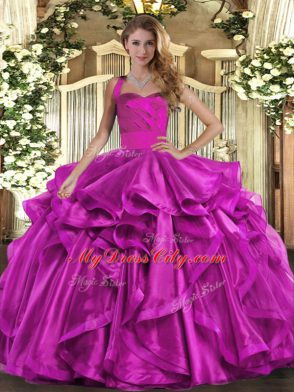 Beauteous Ball Gowns Sweet 16 Dresses Fuchsia Halter Top Organza Sleeveless Floor Length Lace Up