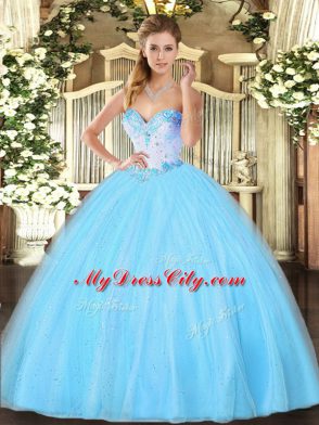 Aqua Blue Tulle Lace Up Sweetheart Sleeveless Floor Length Quinceanera Gown Beading