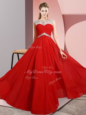 Chic Sleeveless Floor Length Beading Clasp Handle Prom Dresses with Red