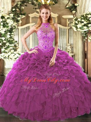 Embroidery and Ruffles Sweet 16 Dresses Fuchsia Lace Up Sleeveless Floor Length