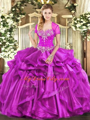 Sweetheart Sleeveless Vestidos de Quinceanera Floor Length Beading and Ruffles Fuchsia Organza