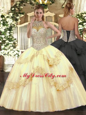 Gold Tulle Lace Up Halter Top Sleeveless Floor Length Sweet 16 Quinceanera Dress Beading and Appliques