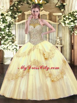 Gold Tulle Lace Up Halter Top Sleeveless Floor Length Sweet 16 Quinceanera Dress Beading and Appliques