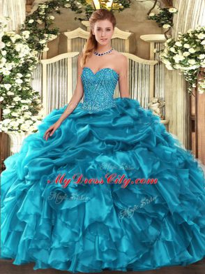 Sleeveless Floor Length Beading and Ruffles and Pick Ups Lace Up Quinceanera Dress with Teal