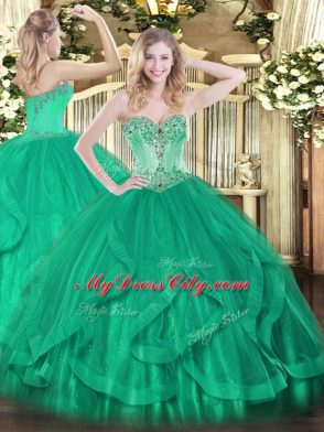 Beading and Ruffles 15th Birthday Dress Turquoise Lace Up Sleeveless Floor Length