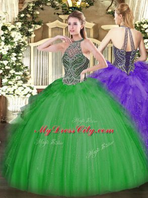 Fine Green Sleeveless Floor Length Beading Lace Up Ball Gown Prom Dress