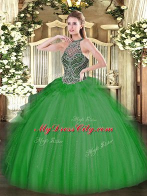 Fine Green Sleeveless Floor Length Beading Lace Up Ball Gown Prom Dress