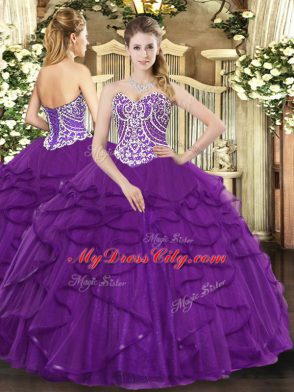 Admirable Purple Ball Gowns Beading and Ruffles Quinceanera Gown Lace Up Tulle Sleeveless Floor Length
