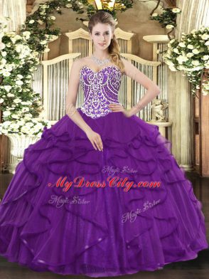Admirable Purple Ball Gowns Beading and Ruffles Quinceanera Gown Lace Up Tulle Sleeveless Floor Length